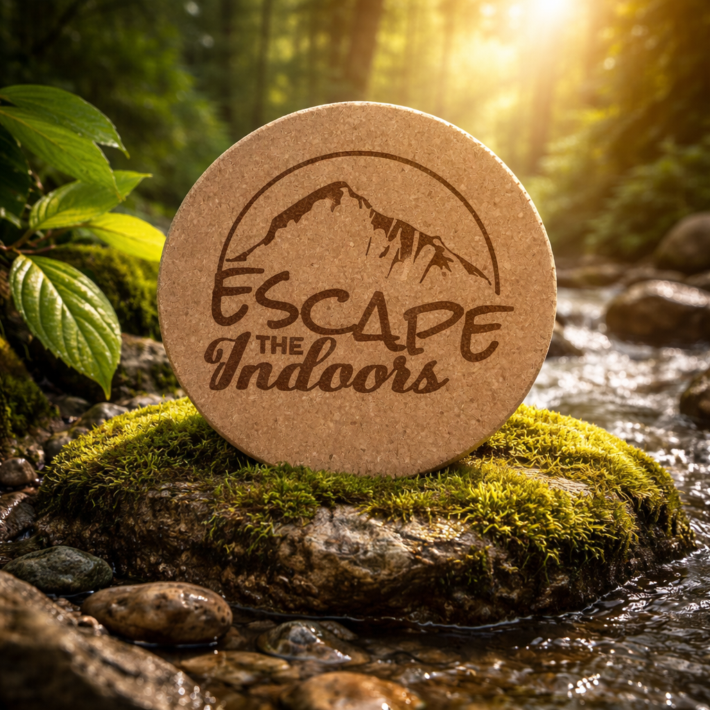 4 inch cork coaster – Escape The Indoors – Camping theme