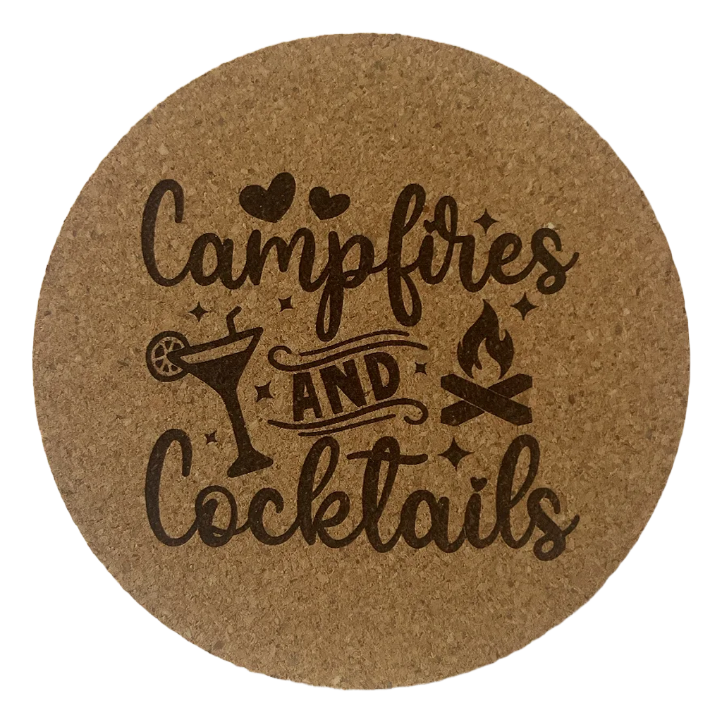 4 inch cork coaster – Campfires and Cocktails – Camping theme