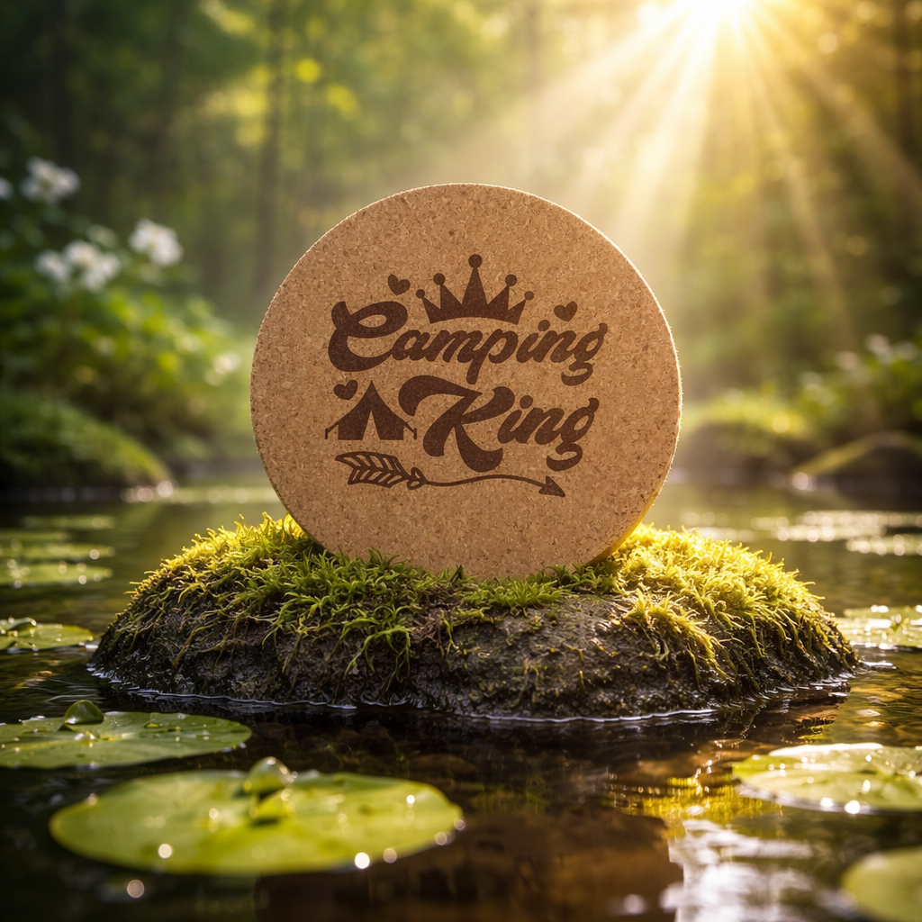 4 inch cork coaster – Camping King– Camping theme