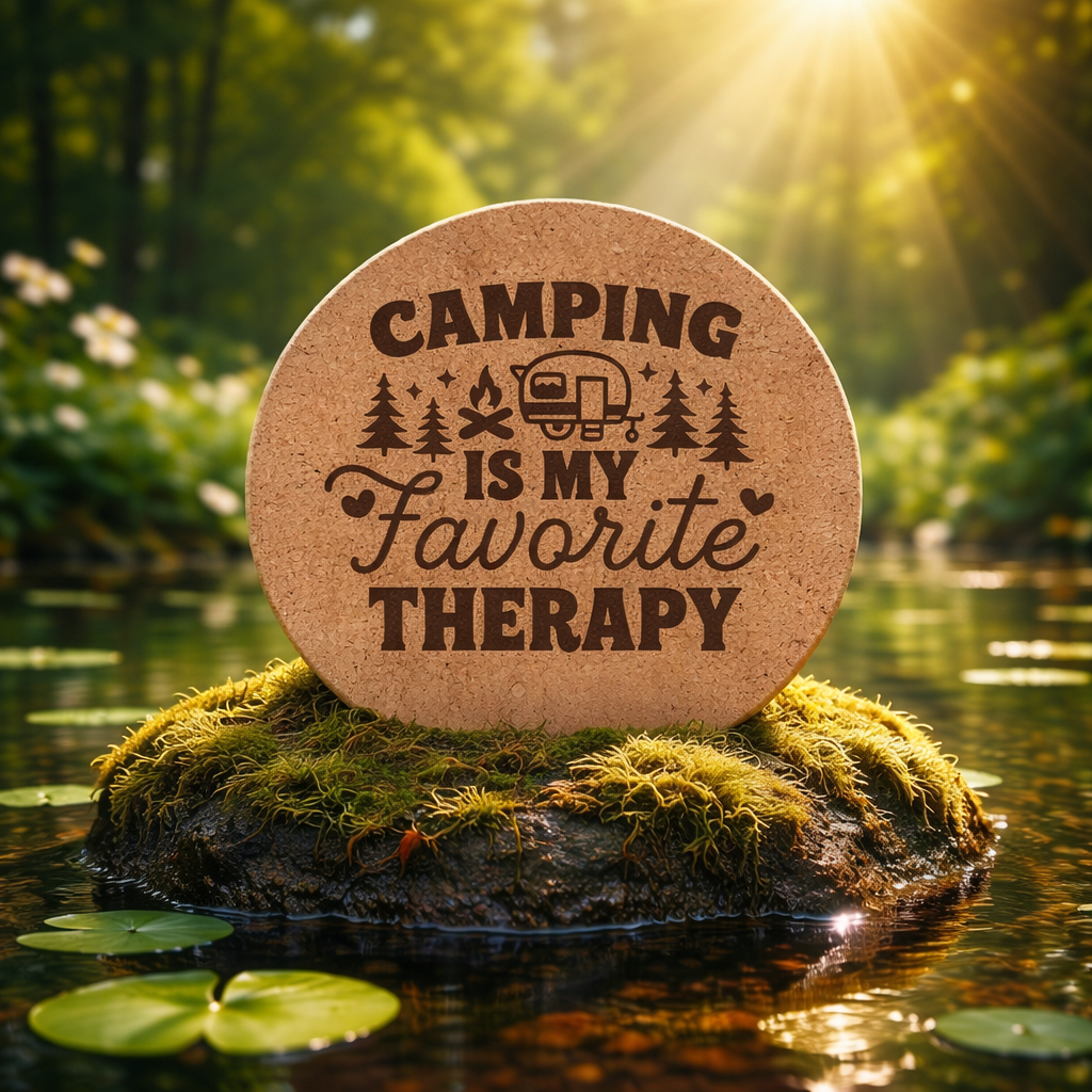 4 inch cork coaster – Camping Is My Favorite Therapy – Camping theme