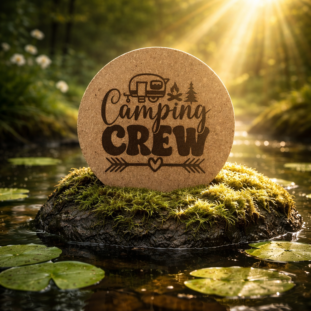 4 inch cork coaster – Camping Crew – Camping theme
