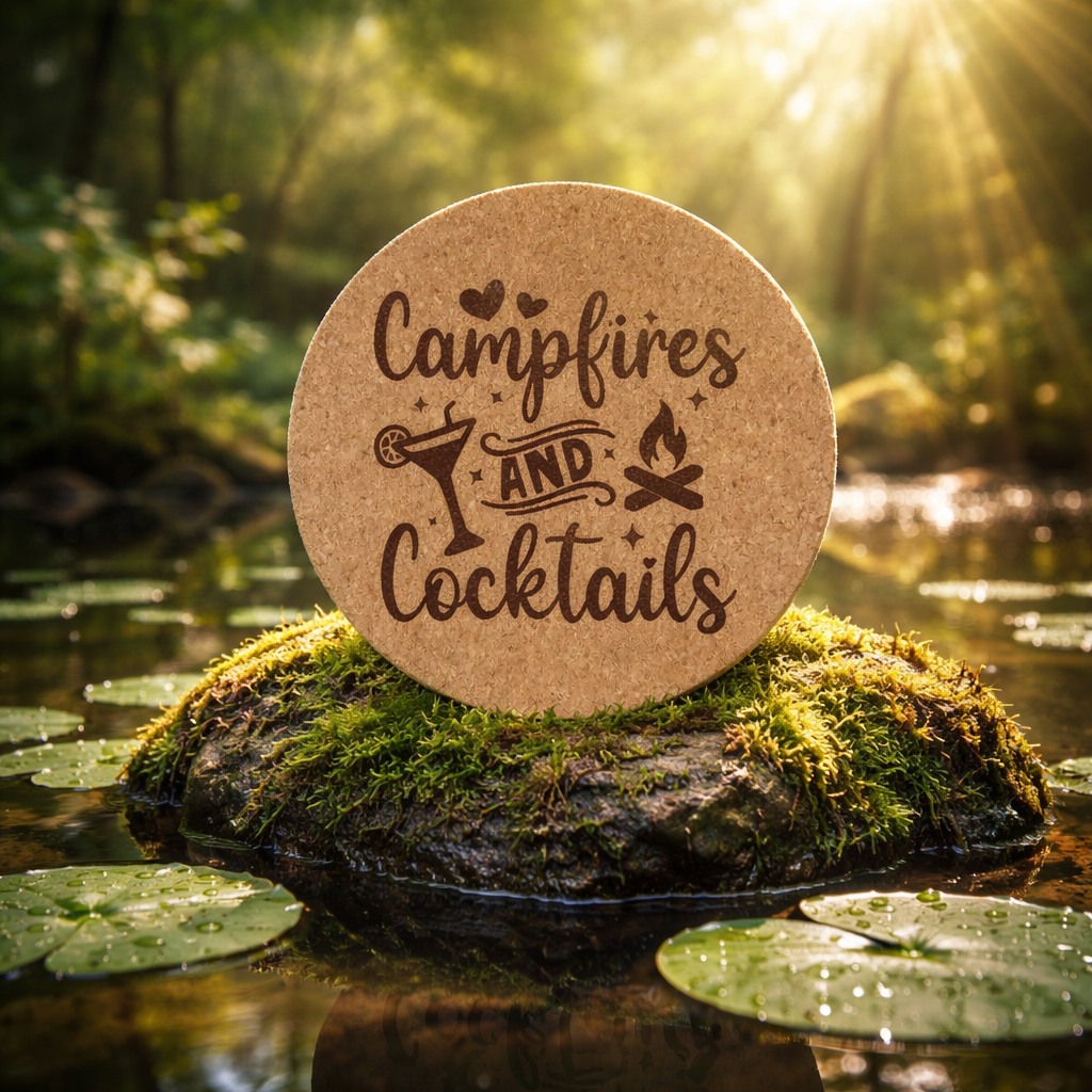 4 inch cork coaster – Campfires and Cocktails – Camping theme