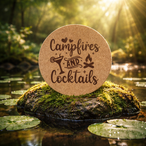 4 inch cork coaster – Campfires and Cocktails – Camping theme