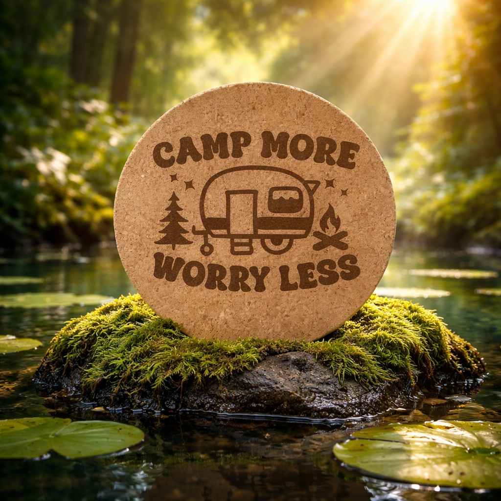4 inch cork coaster – Camp More Worry Less – Camping theme