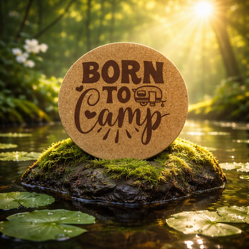 4 inch cork coaster – Born To Camp – Camping theme