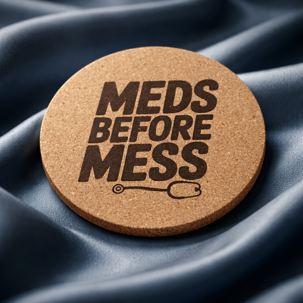 4 inch cork coaster – Meds Before Mess – Nurse theme