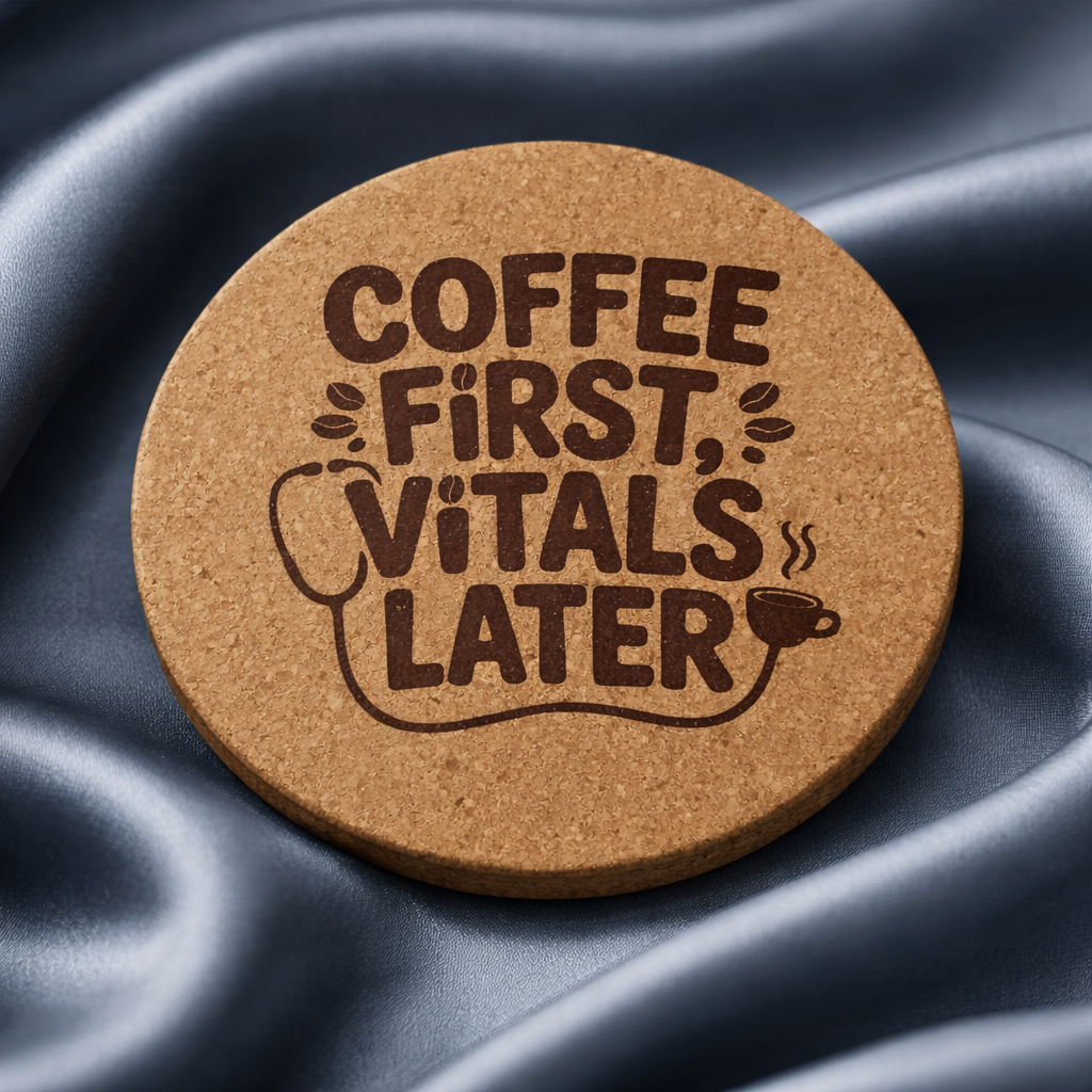 4 Inch Cork Coaster – Coffee First Vitals Later – Nurse Coffee Lover Gift – RN Coaster