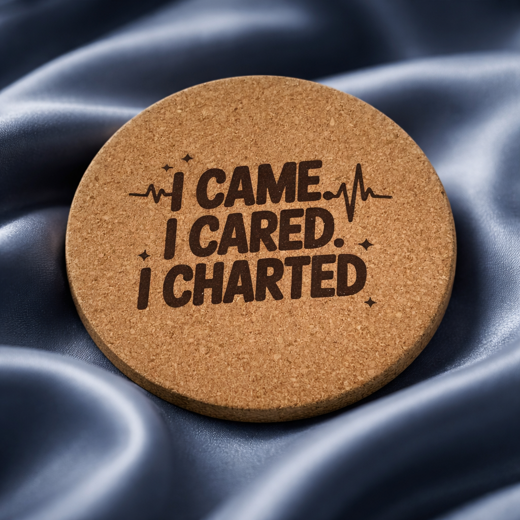 4 Inch Cork Coaster – I Came I Cared I Charted – Nurse Humor Gift – RN Coaster