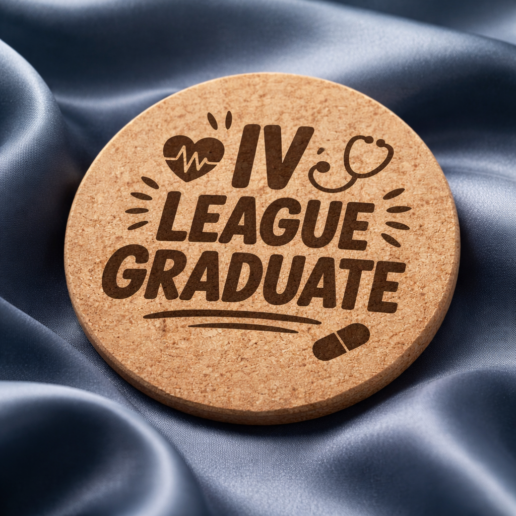 4 Inch Cork Coaster – IV League Graduate – Funny Nurse Gift – RN Medical Humor Coaster