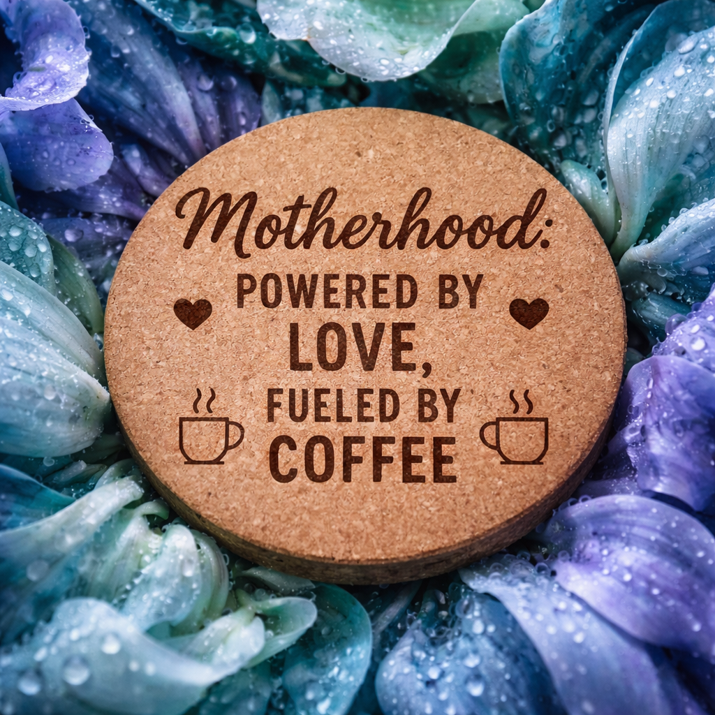 4 inch cork coaster – Motherhood Powered By Love Fueled By Coffee – Mom theme