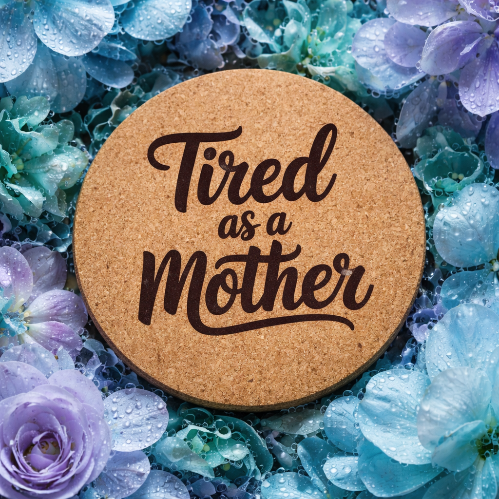 4 inch cork coaster – Tired As A Mother – Mom theme