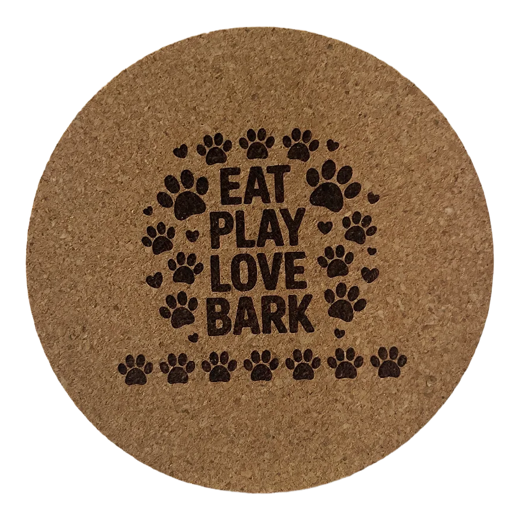 4 inch cork coaster – Eat Play Love Bark – Dog theme 127332