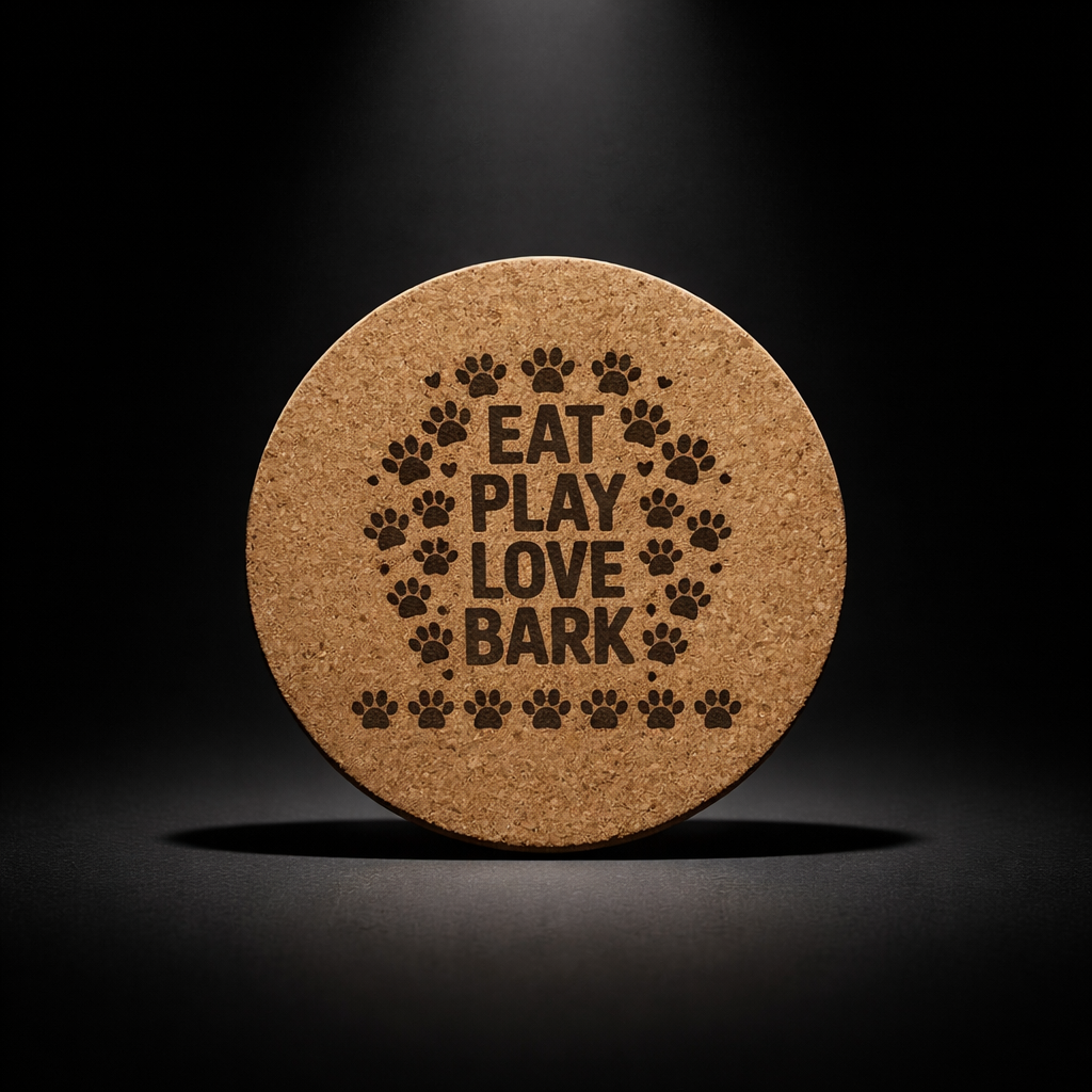 4 inch cork coaster – Eat Play Love Bark – Dog theme 127332