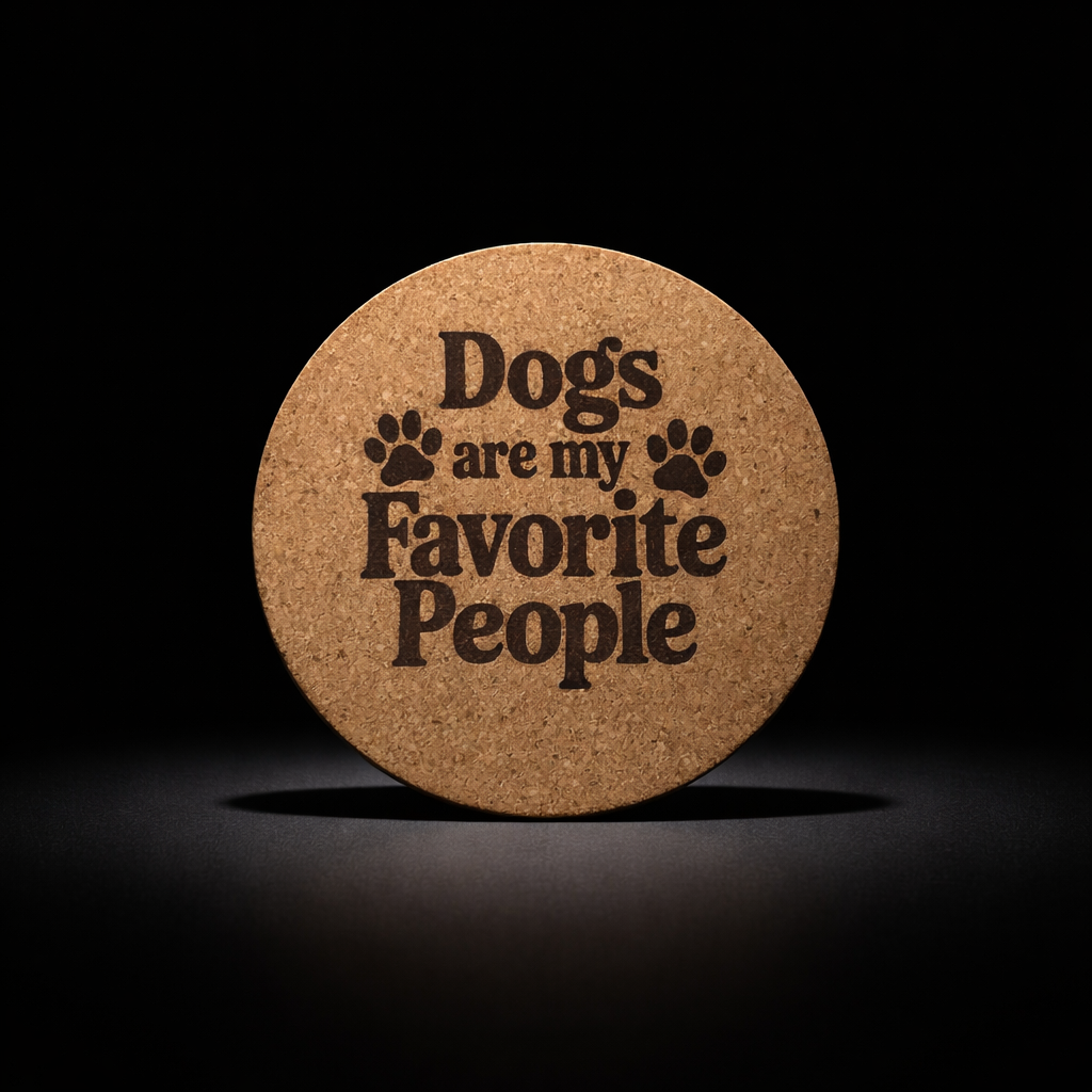 Dogs Are My Favorite People laser-engraved cork coaster close-up