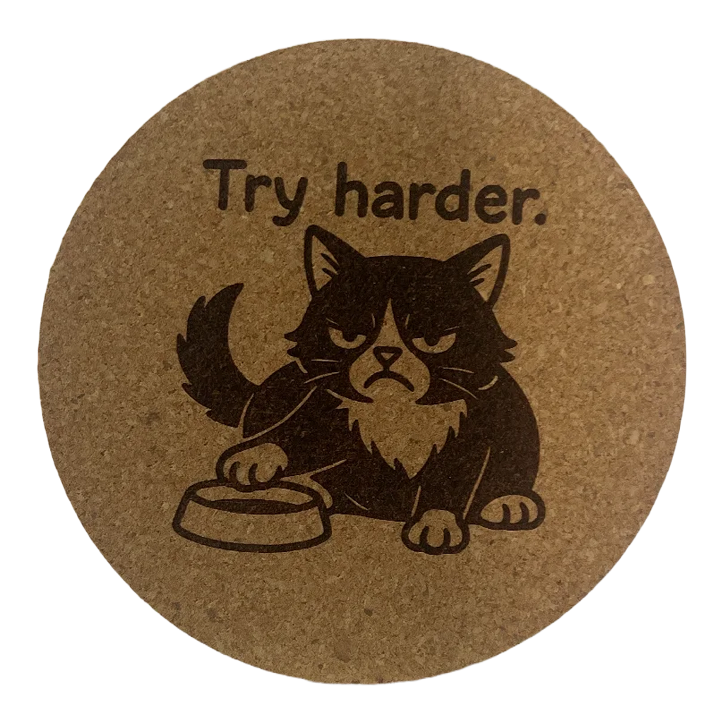 4 inch cork coaster – Try Harder – Cat theme 127386