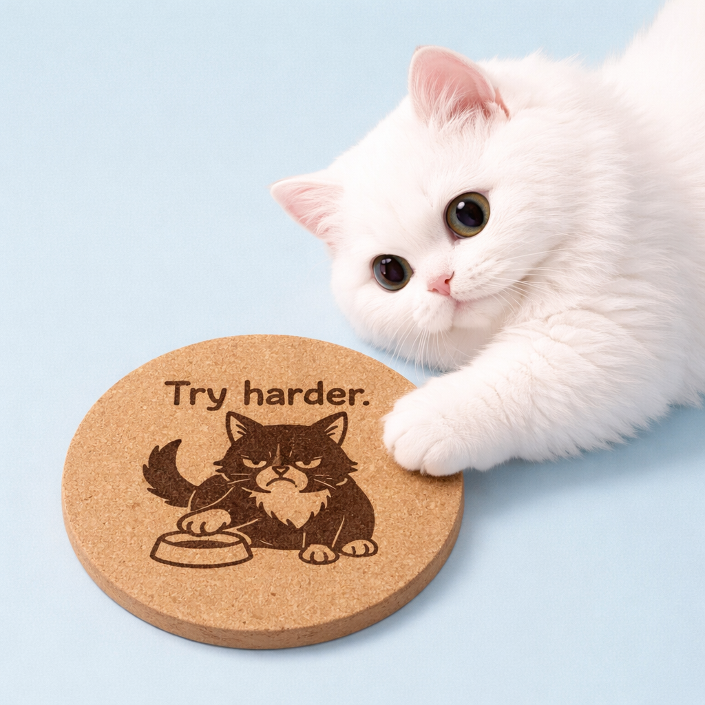 4 inch cork coaster – Try Harder – Cat theme 127386