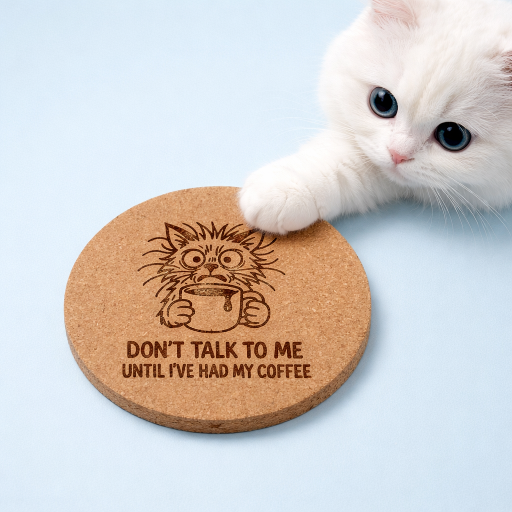 4 inch cork coaster – Don't Talk To Me Until I've Had My Coffee – Cat theme 127388