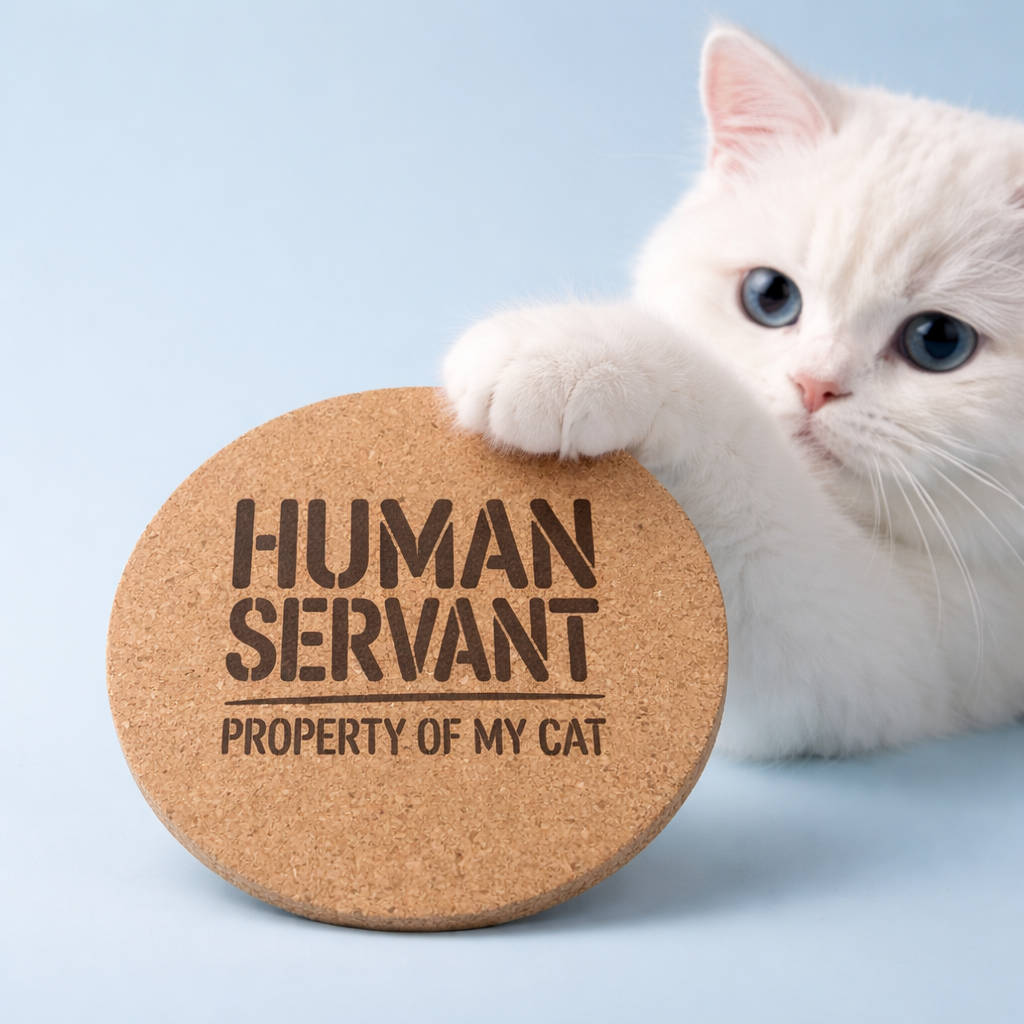 Human Servant Property Of My Cat laser-engraved cork coaster close-up