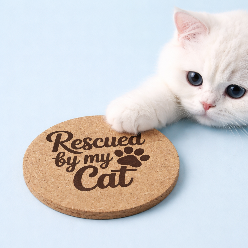 4 inch cork coaster – Rescued By My Cat – Cat theme 127414