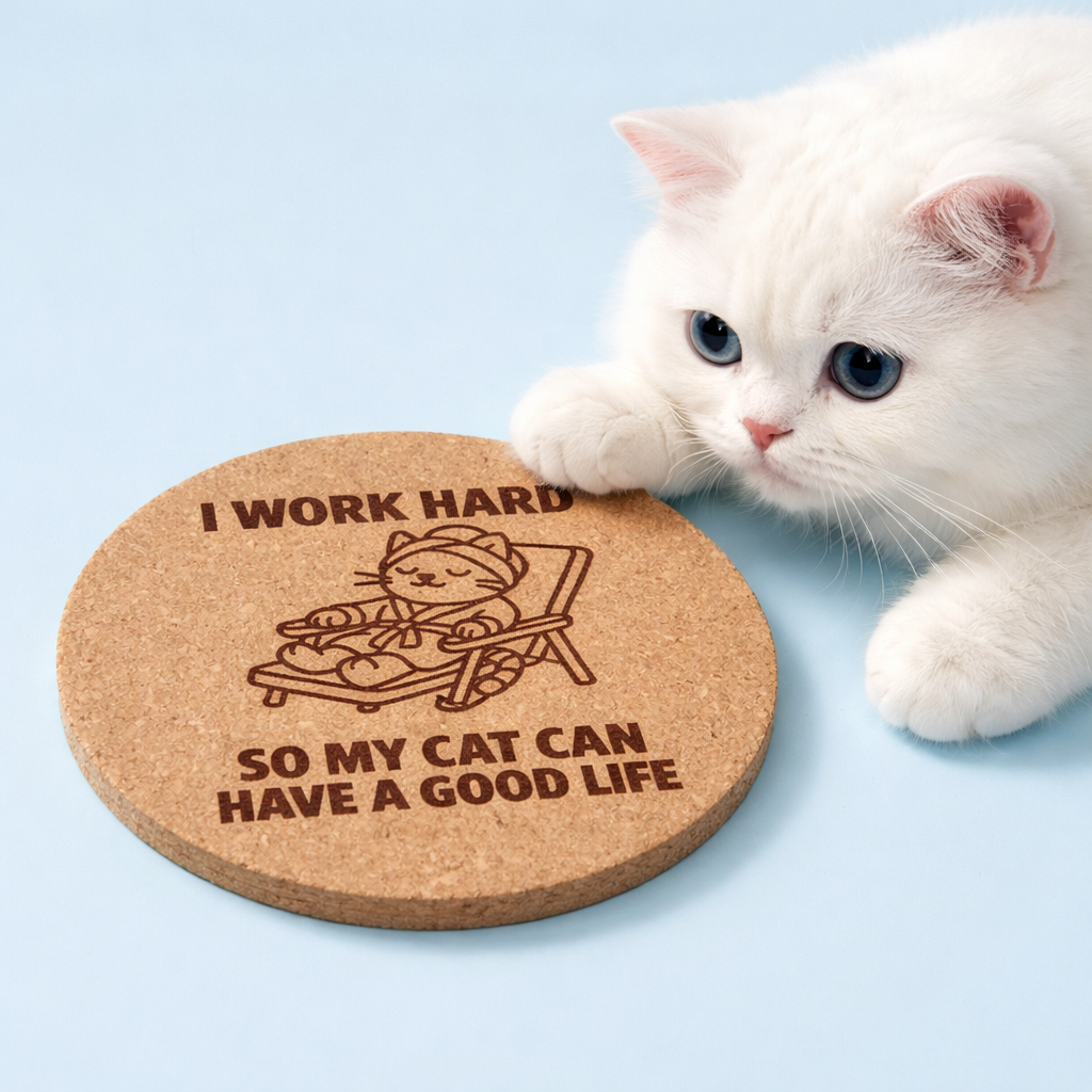 I Work Hard So My Cat Can Have A Good Life laser-engraved cork coaster close-up
