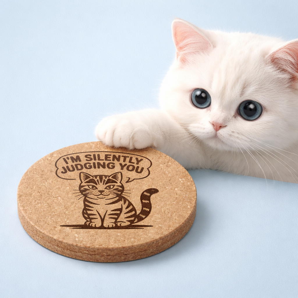 I'm Silently Judging You laser-engraved cork coaster close-up