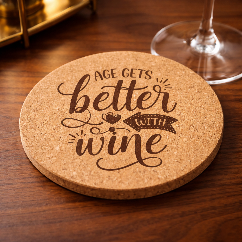Cork coaster with 'Age gets better with wine' text on a wooden surface.