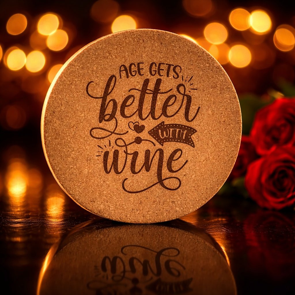 Round cork coaster with 'Age gets better with wine' text, blurred lights and roses in the background