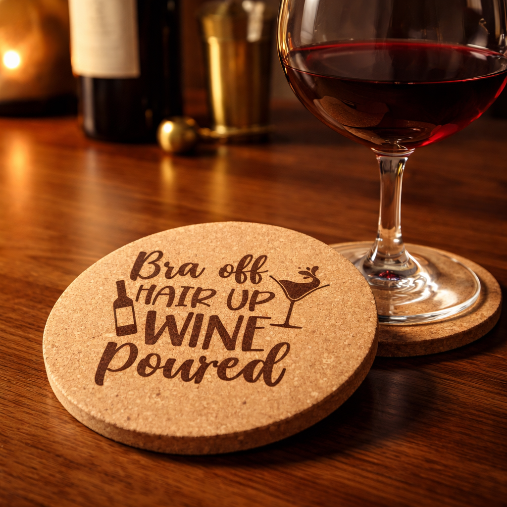 Cork coaster with humorous text next to a glass of red wine on a wooden table.