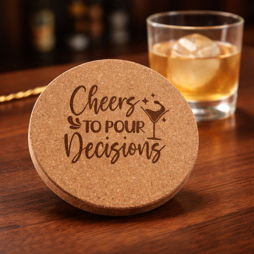 4 inch cork coaster – cheers to pour decisions - wine theme