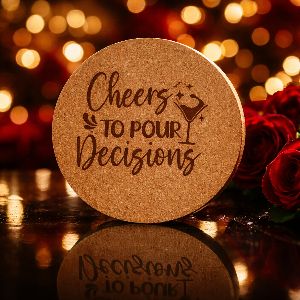 4 inch cork coaster – cheers to pour decisions - wine theme
