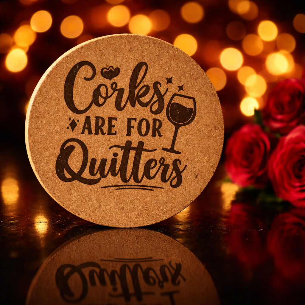 Cork coaster with 'Corks are for Quitters' text on a reflective surface with blurred lights and roses in the background.