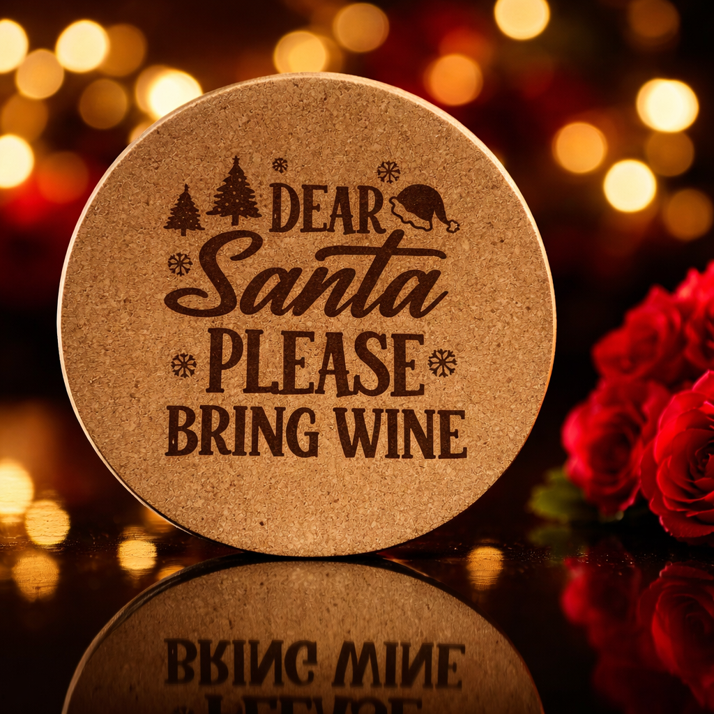 4 inch cork coaster – Dear Santa Please Bring Wine - wine theme