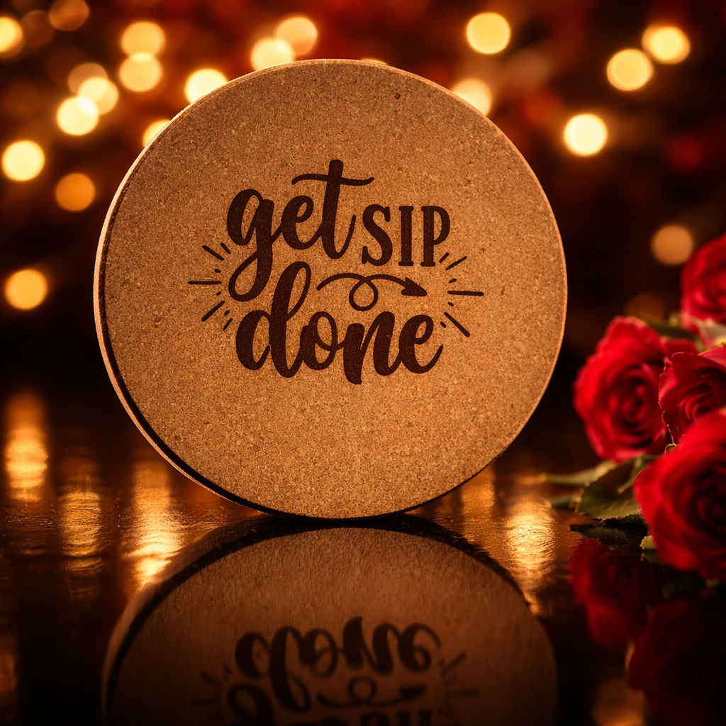 Round cork coaster with 'get sip done' text, surrounded by red roses and blurred lights in the background
