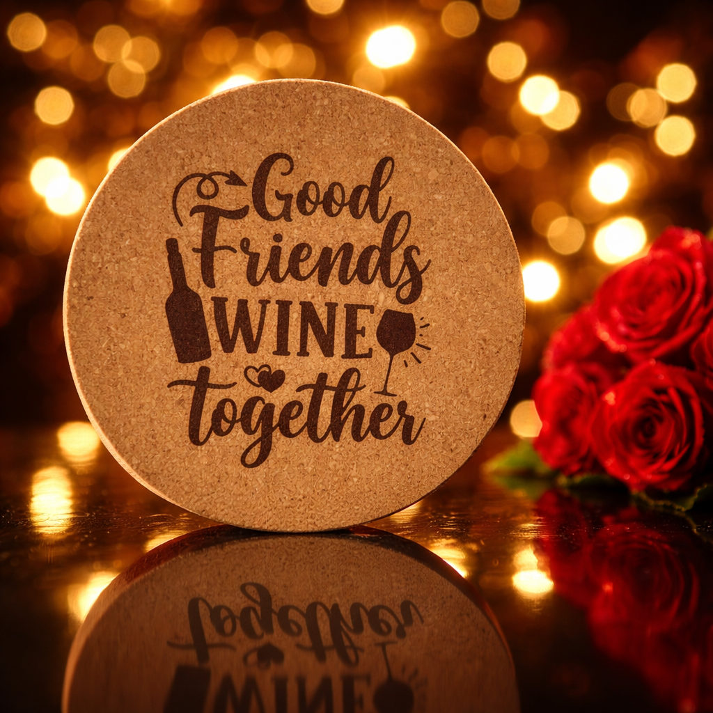 4 inch cork coaster – Good Friends Wine Together - wine theme