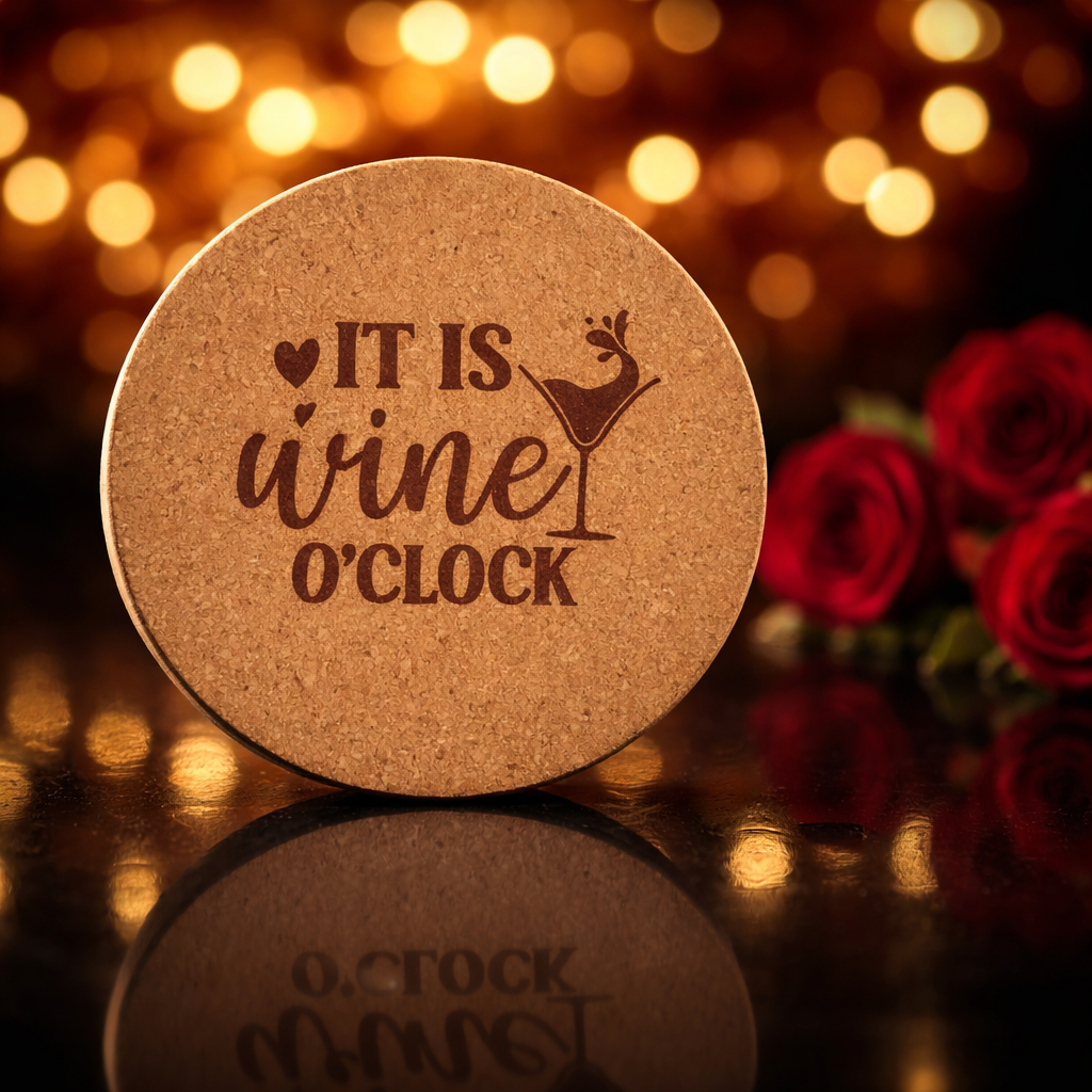 4 inch cork coaster – it Is wine o clock - wine theme