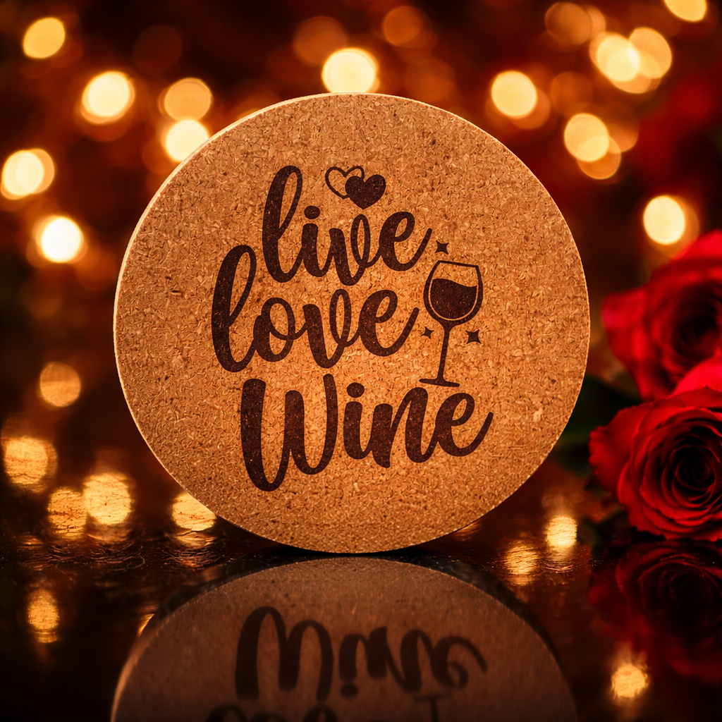 4 inch cork coaster – live love wine - wine theme