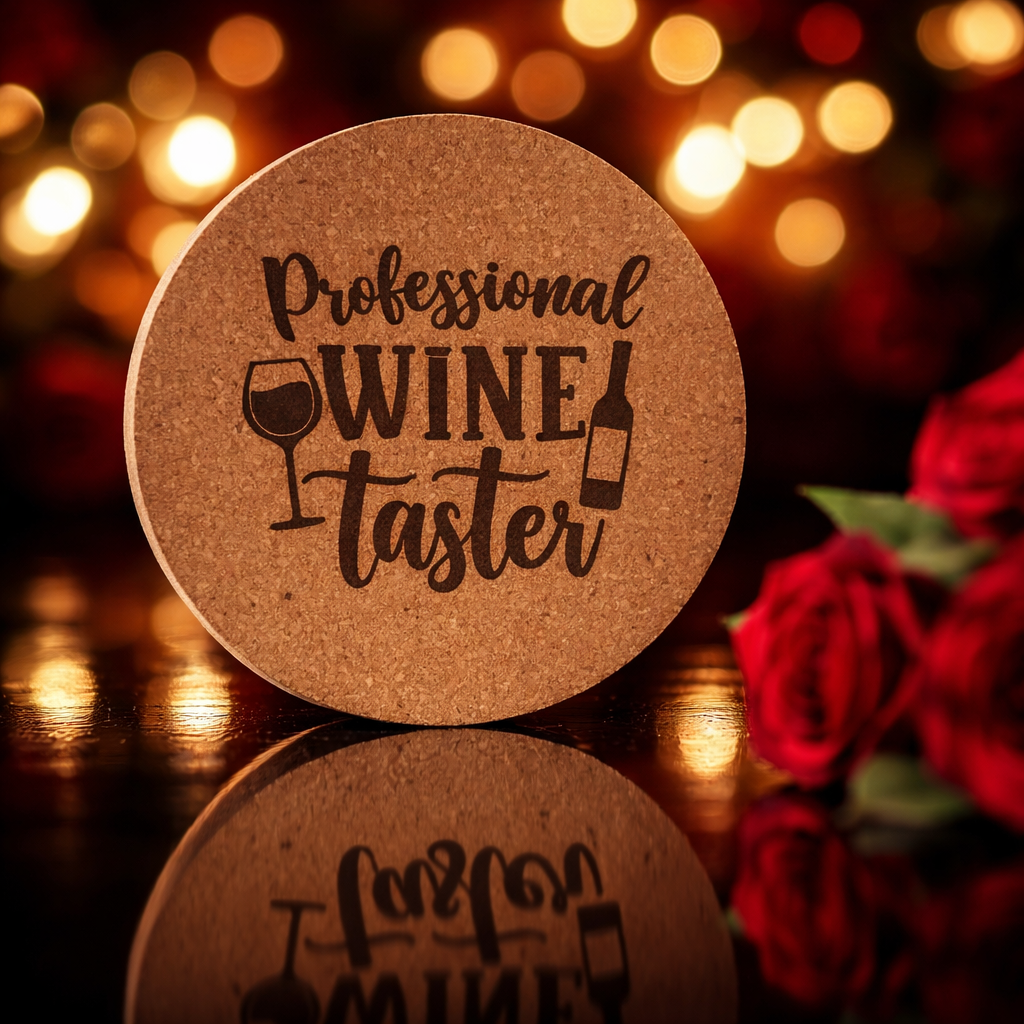 Professional Wine Taster laser-engraved cork coaster detail view