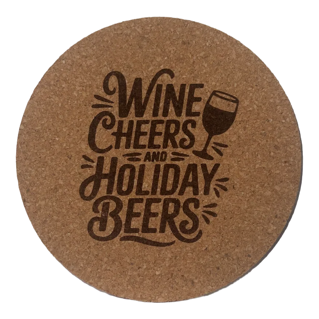 4 inch cork coaster – wine cheers and holiday beers- wine theme