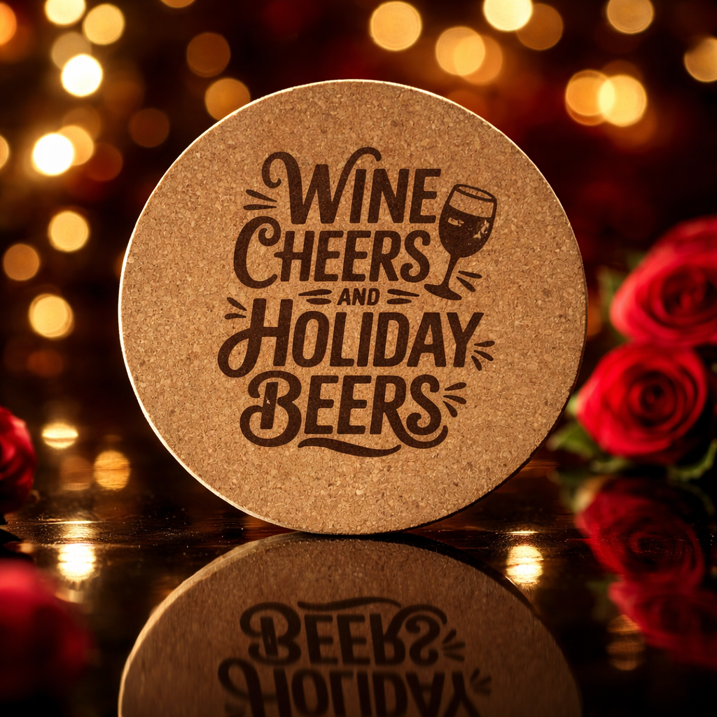 4 inch cork coaster – wine cheers and holiday beers- wine theme