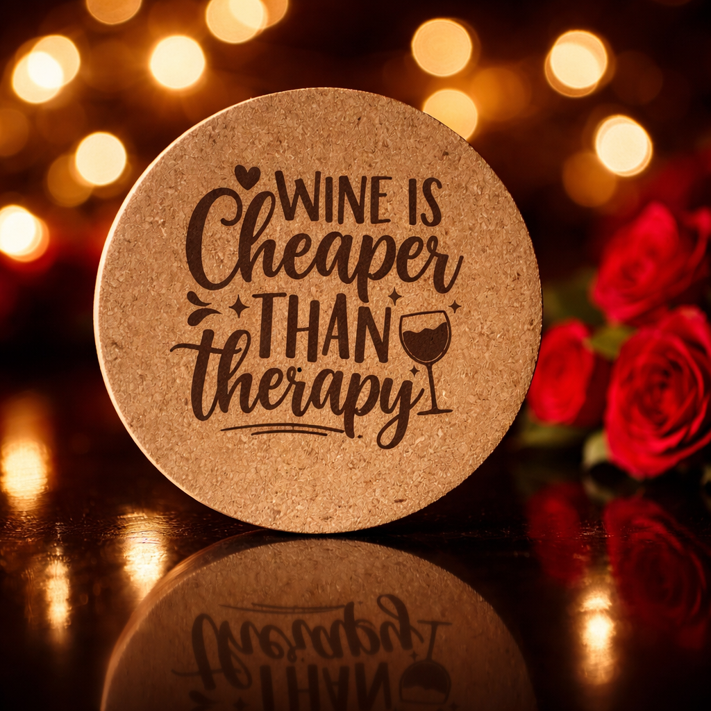 Wine Is Cheaper Than Therapy laser-engraved cork coaster detail view