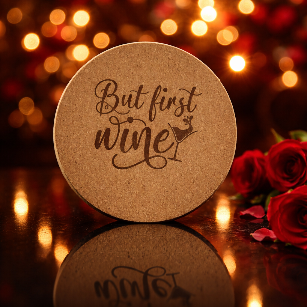4 inch cork coaster – But First Wine - wine theme