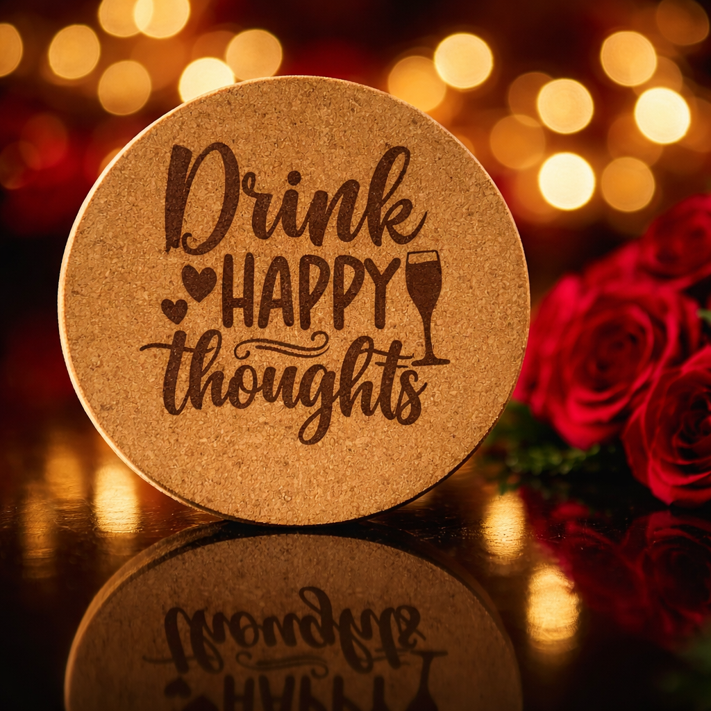 4 inch cork coaster – drink happy thoughts - wine theme