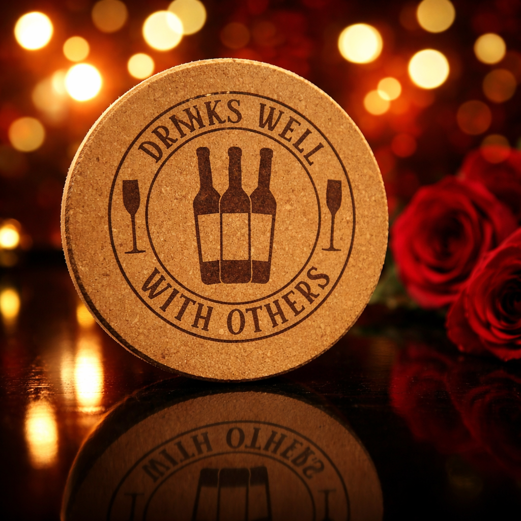 4 inch cork coaster – Drinks Well With Others - wine theme