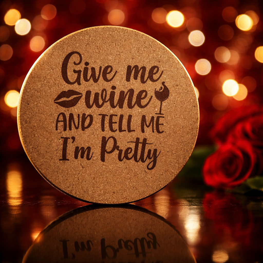 4 inch cork coaster – Give Me Wine And Tell Me I'm Pretty - wine theme