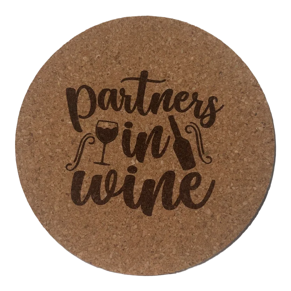 4 inch cork coaster – Partners In Wine - wine theme