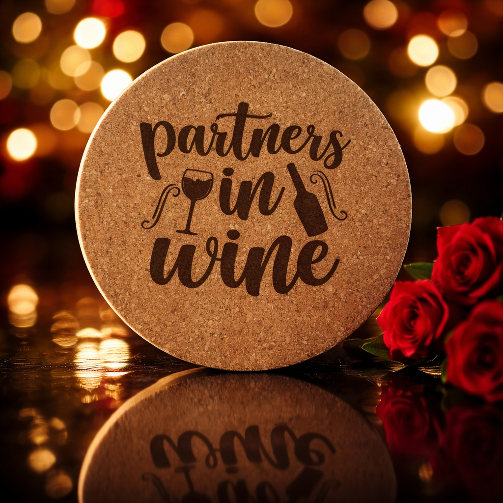 4 inch cork coaster – Partners In Wine - wine theme