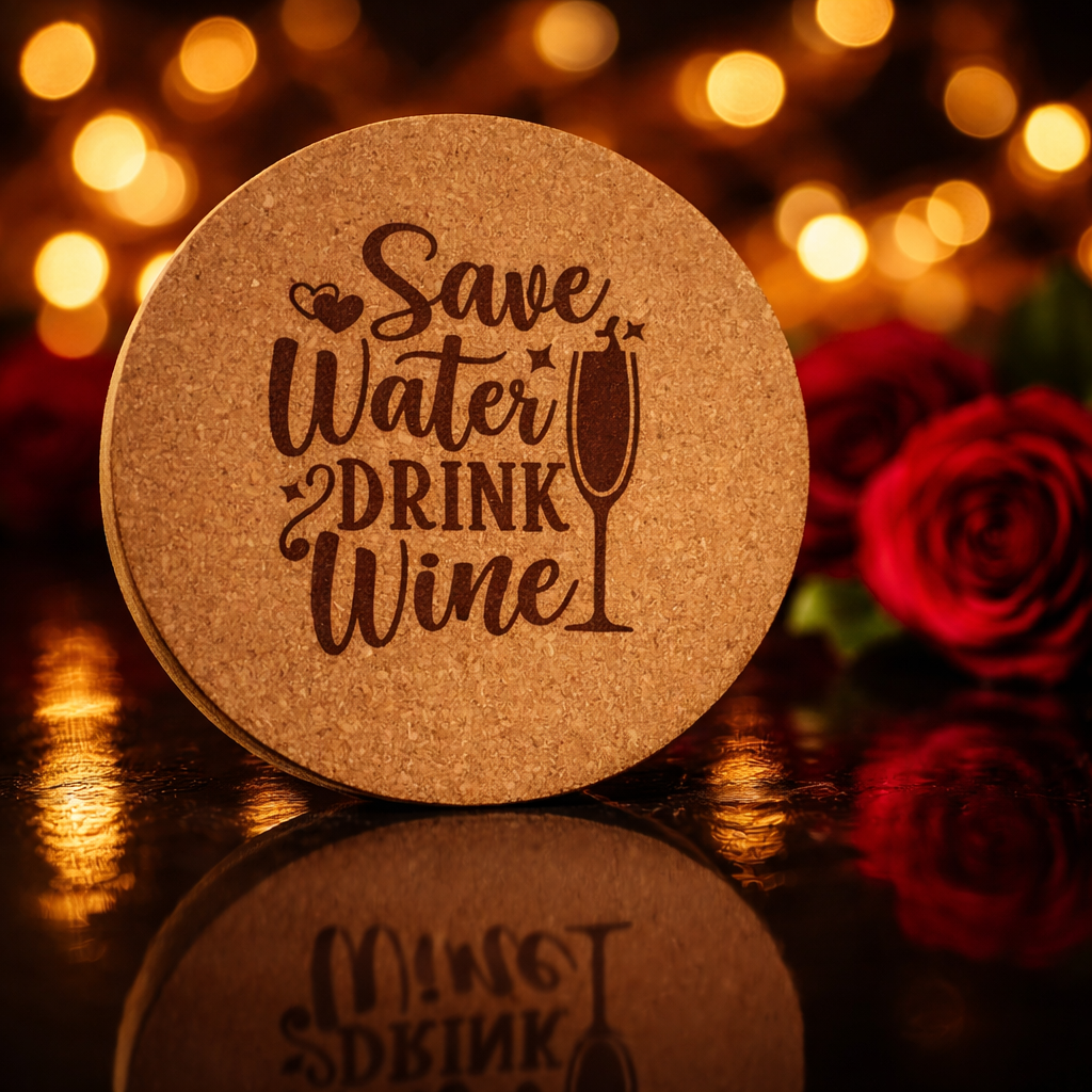 4 inch cork coaster – Save Water Drink Wine - wine theme