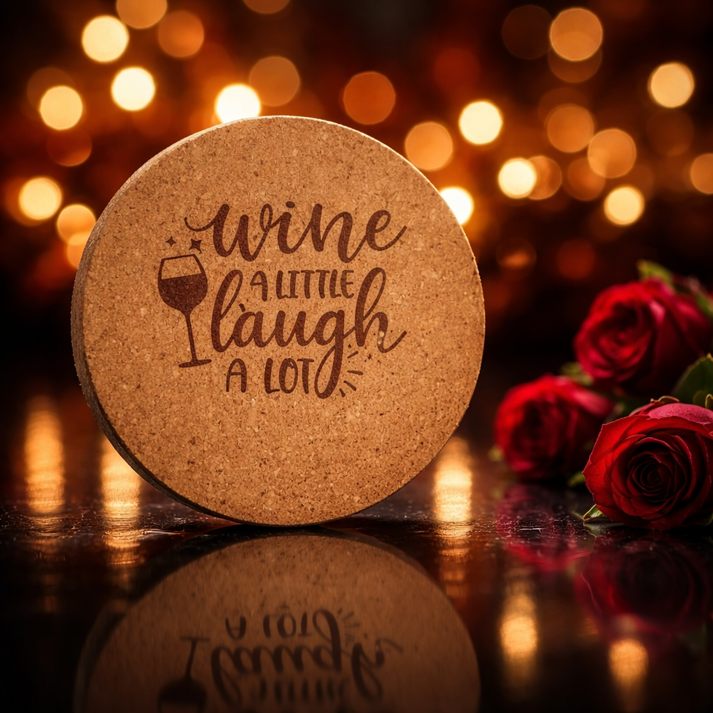 4 inch cork coaster – Wine A Little Laugh A Lot - wine theme