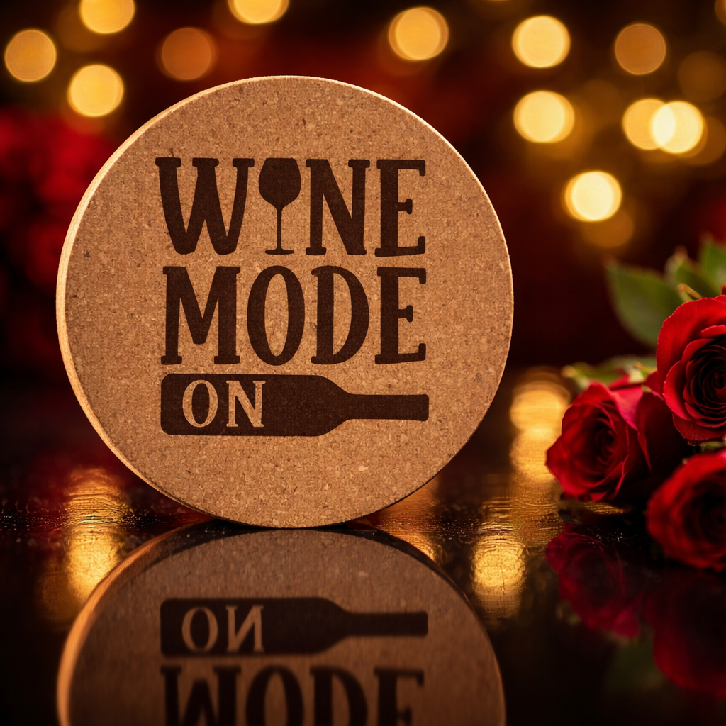 4 inch cork coaster – Wine Mode On - wine theme