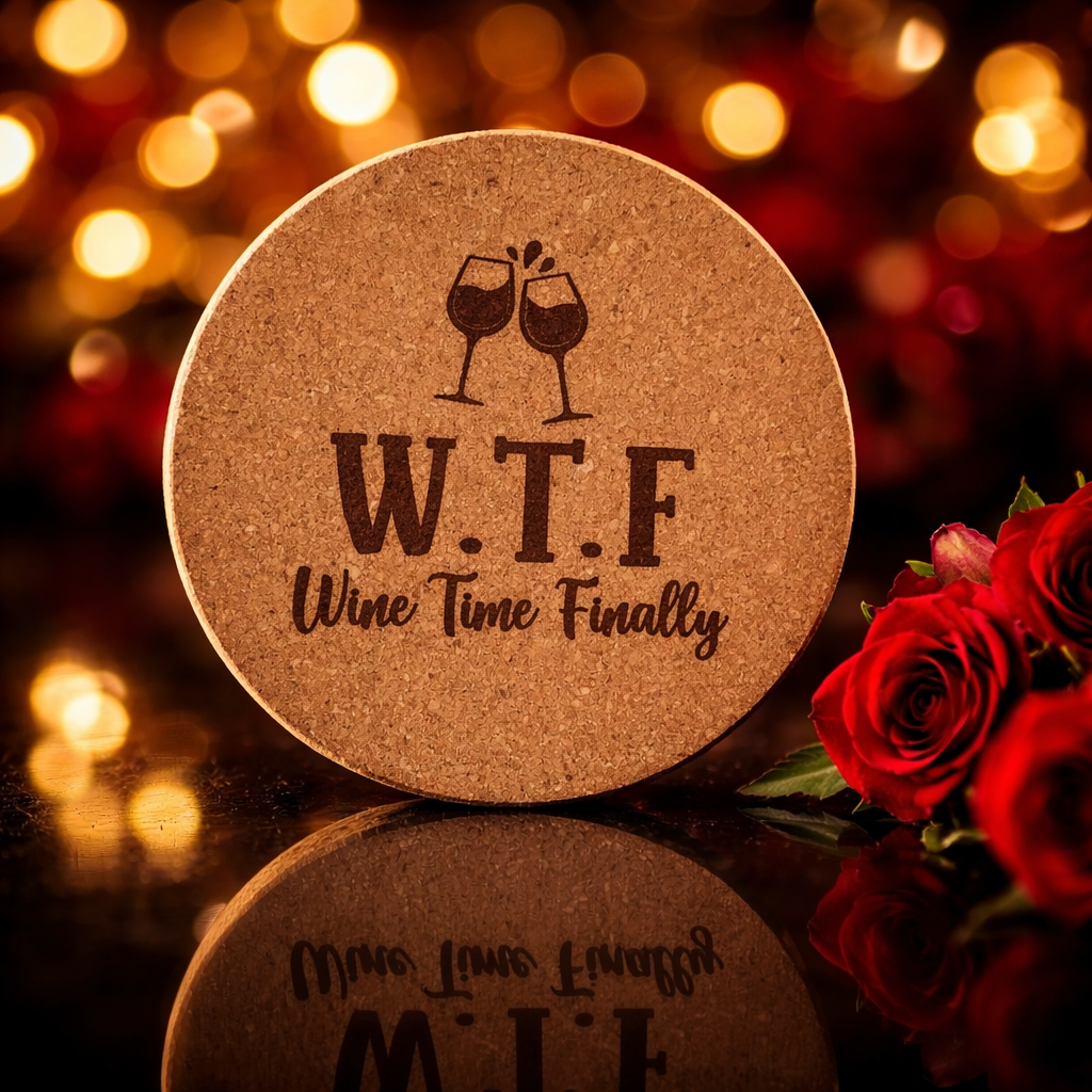 4 inch cork coaster – Wine Time Finally - wine theme
